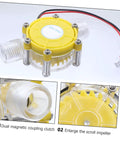 12V Water Flow Generator Micro Hydro Turbine Voltage Regulator Portable Turbine For Charging LED Lights And Radios Ideal For Off Grid Power And Outdoor Use On The Go, yellow compact design with dual magnetic coupling clutch and enlarged scroll impeller.
