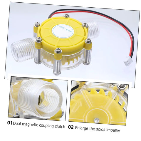 12V Water Flow Generator Micro Hydro Turbine Voltage Regulator Portable Turbine For Charging LED Lights And Radios Ideal For Off Grid Power And Outdoor Use On The Go, yellow compact design with dual magnetic coupling clutch and enlarged scroll impeller.