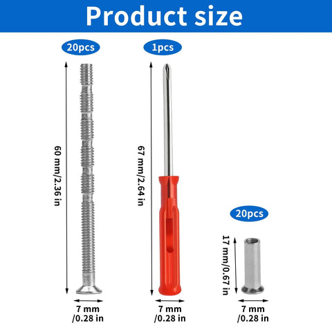 Totally Legit Heavy Duty M4x60mm Adjustable Cabinet Knob Screws With Sleeves Sleek Nickel Steel Corrosion Proof Furniture Hardware Custom Cut Length For Doors And Drawers product size showing 20 screws, matching nuts, and screwdriver.