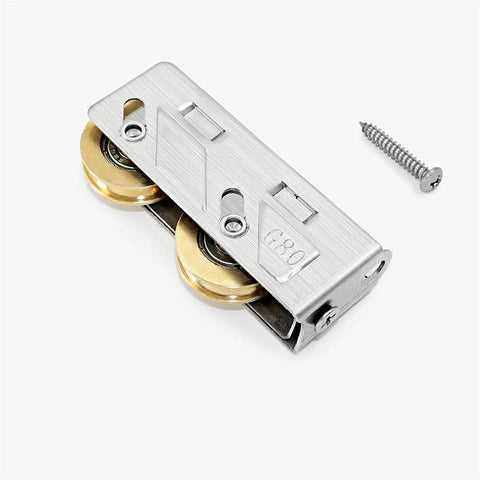 Slide Like A Dream With This Double Wheel Stainless Steel Pulley Roller, featuring dual brass wheels and a mounting screw.