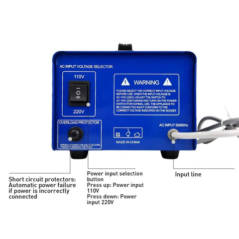 Back view of Beefy 3000W Voltage Transformer and Power Converter showing voltage selection switch and input details.
