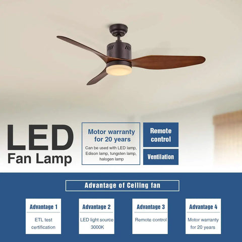 Dope Indoor 46 Inch Ceiling Fan With Three Reversible Wooden Brown Blades And Frosted Glass Light