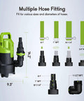 Three-Quarter HP Submersible Sump Pump Delivers Up To 3430 GPH For Quick Pool Draining, with hose fittings diagram