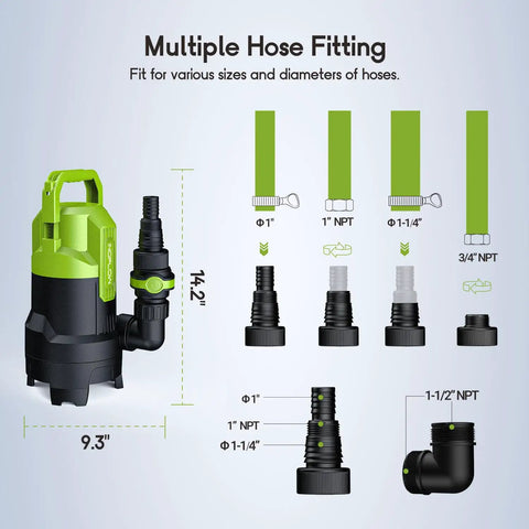 Three-Quarter HP Submersible Sump Pump Delivers Up To 3430 GPH For Quick Pool Draining, with hose fittings diagram