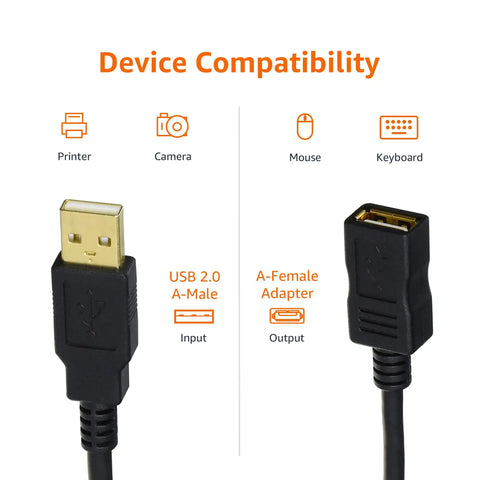 Premium High Speed Usb Extension Cable Male To Female Six And A Half Feet Long with gold plated connectors compatible with printers, cameras, and more.