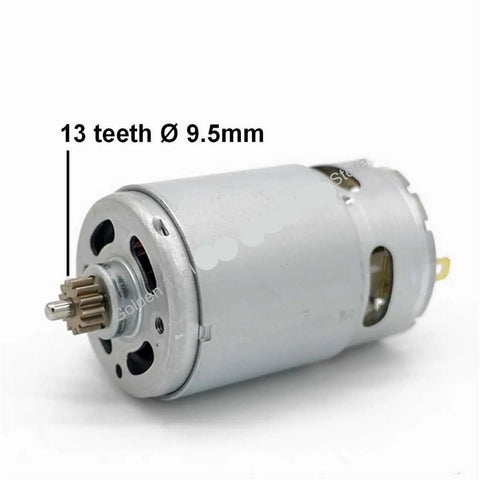 Robust Rs550 Motor With 13 Teeth And 9 5 Mm Shaft side view showing 13 teeth suitable for 12V to 18V drills and screwdrivers.