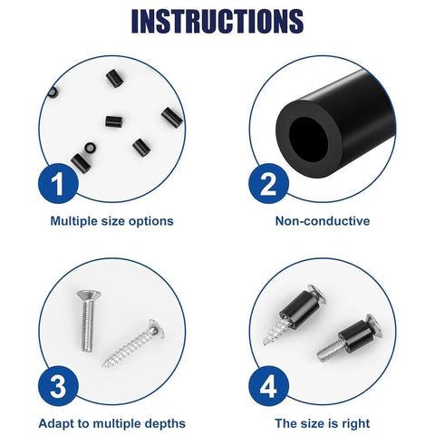 345 Pcs Black Nylon Electrical Outlet Spacers Kit Non Threaded Round Plastic Spacers Set In 15 Sizes M3 And M4 Inner Diameters 1 To 15 mm High Temperature Oil Resistant Corrosion Resistant Durable, instruction graphic