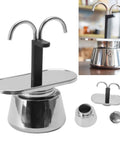 Heavy Duty Stainless Steel Mocha Pot 2 Cup Dual Pipe Stovetop Espresso Maker Smooth Pour Italian Coffee Maker top view and parts