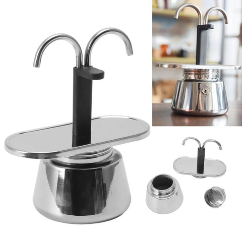 Heavy Duty Stainless Steel Mocha Pot 2 Cup Dual Pipe Stovetop Espresso Maker Smooth Pour Italian Coffee Maker top view and parts