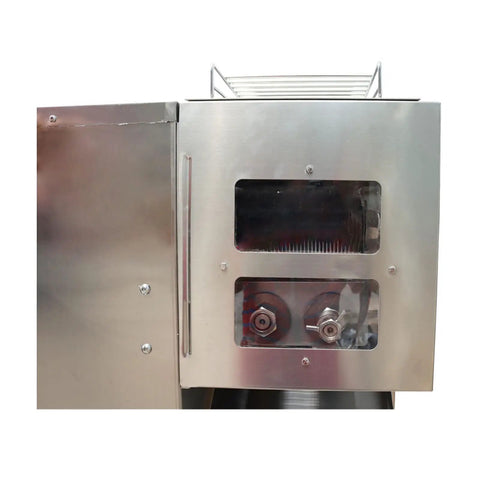 Close-up of the Industrial Dual-Motor Shredded Meat Cutting Machine with stainless steel finish and visible internal blades.