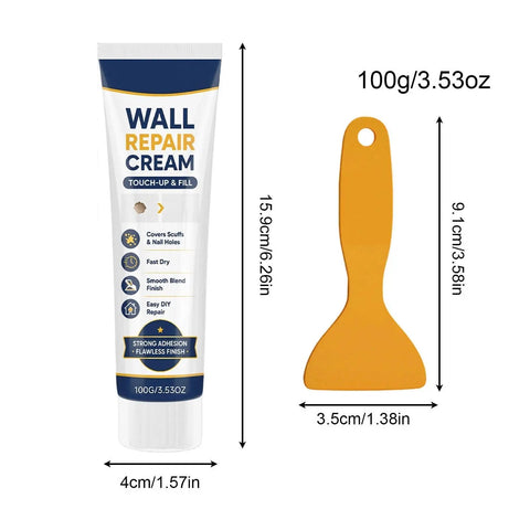 Two Piece Drywall Repair Paste Kit With Heavy Duty Scraper For Quick Hole And Crack Patching Zero Fuss Blending For A Flawless Smooth Surface Before Painting Touchups, includes repair cream tube and scraper.