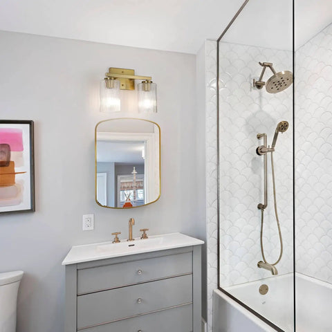 Bathroom with Two Light Brushed Nickel Vanity Light Over Mirror With Textured Glass Shade Modern Wall Mount Bath Fixture E26 Base