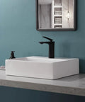 Rectangular Ceramic Vessel Sink For Bathroom Wall Mounted With Pop Up Drain Above Counter Upgrade Your Vanity With Modern Kaolin Ceramic Thick Glazed Surface No Install Kit Included, shown on countertop with pop-up drain