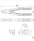 Technical drawing of 8 Inch Stripped Screw Extractor Linesman Pliers for Electricians and Auto Mechanics, dimensions in mm