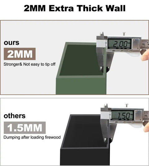 Comparison of 2mm and 1.5mm thickness in Outdoor Firewood Rack Bracket Kit With Four Support Bars For Wood Pile Storage Heavy Duty DIY Fireplace Log Stacking Stand Holder For 2x4 Lumber Green 1 Pair Weather Resistant Steel.