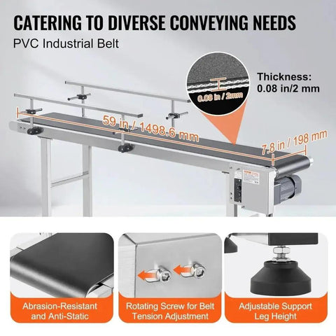 Industrial Conveyor Table 59 By 7.8 Inch Stainless Steel Belt System With 60W Motor Electric PVC Anti Static Adjustable Speed Double Guardrails Heavy Duty Transport For Packaging Use