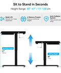 Modular Electric Standing Desk Featuring Expandable L Shaped Layout For Makers And Tech Crews Smooth Height Adjustment 30"-47" adjustable height display.
