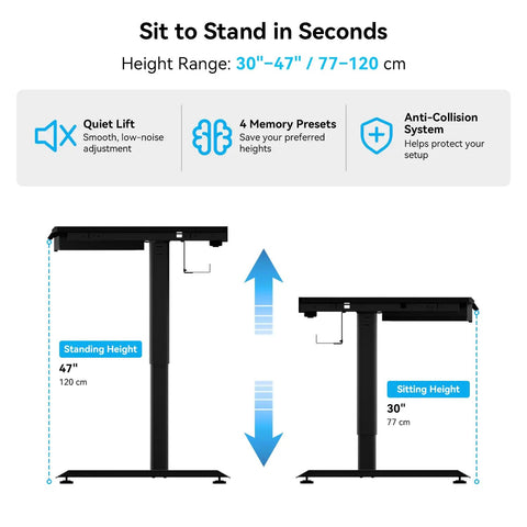 Modular Electric Standing Desk Featuring Expandable L Shaped Layout For Makers And Tech Crews Smooth Height Adjustment 30"-47" adjustable height display.