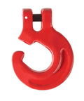 Close-up of red 5/16 Inch Logging Chain Choker Hook G80 2 Tons Capacity 4500 Lbs Working Load Limit, heat-treated alloy steel.