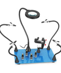 Heavy Duty Welding Stand With Magnetic Flexible Arm Holder And 3X LED Magnifying Lamp For Soldering And Repair on blue base.