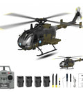 Era C180 BO-105 RC Helicopter With 6-Axis Gyro, 6CH Brushless Motor, camouflage design, batteries, remote control, accessories.