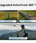 Mini 5 Pro Fly More Drone Bundle With RC 2 Remote, 3 Batteries, Deco Gear Hub Bundle showing ActiveTrack 360° modes and cycling tracking.