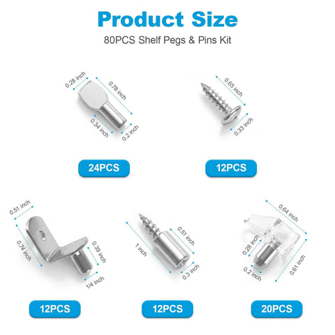 Heavy Duty Nickel Plated Shelf Pegs Pins Kit 80 Piece Set with various sizes and types included for versatile shelving solutions.