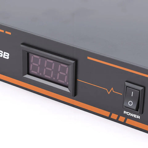 Close-up of the digital voltage display on Straight Up Workhorse Power Sequencer With Ten Secure Outlets And Clear Digital Voltage Display Built From Heavy Duty Aluminum Alloy For Zero Hassle Rack Installation.