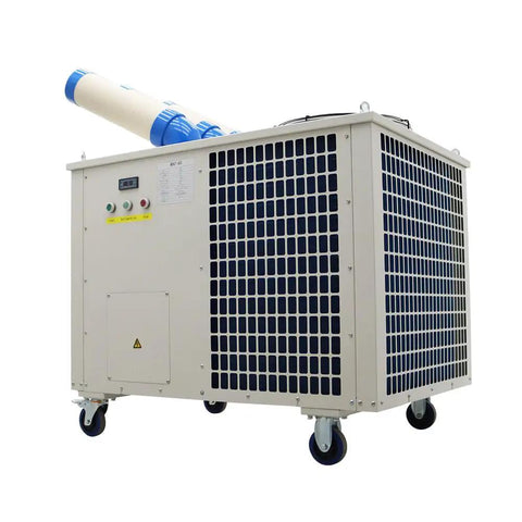 Heavy Duty Industrial Air Conditioner, Massive 220V Outdoor Evaporative Cooler with duct and wheels for easy mobility.