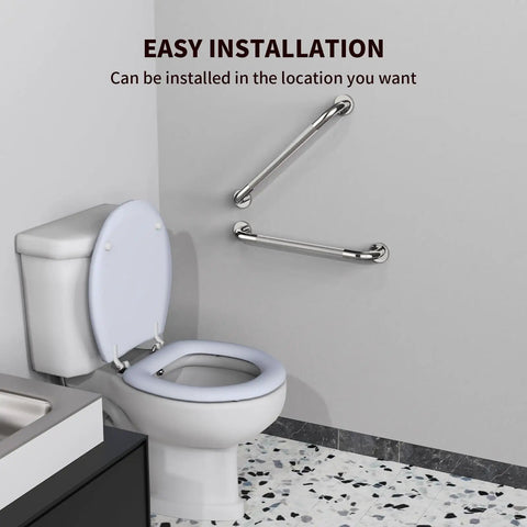Bathroom with toilet, showing two installed 2 Pack 24 Inch Anti Slip Shower Grab Bars Knurled Stainless Steel Chrome Hand Rail For Bathroom Safety And Senior Support Durable Handicap Bath Handles 1.25 Inch Diameter Easy Install.