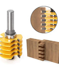 Professional Adjustable Finger Joint Router Bit With Half Inch Shank, yellow carbide cutter for clean box joints in wood.