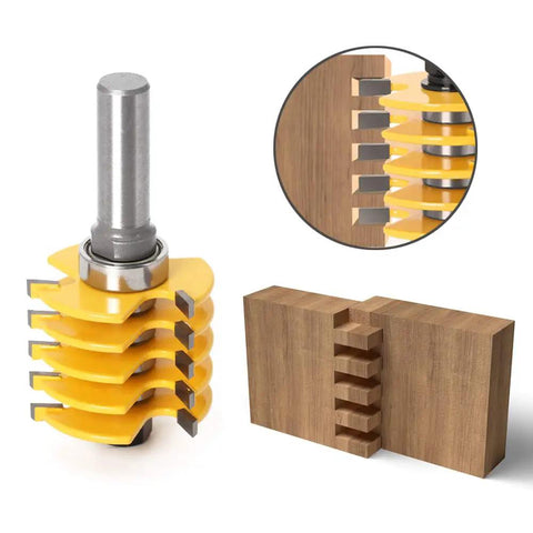 Professional Adjustable Finger Joint Router Bit With Half Inch Shank, yellow carbide cutter for clean box joints in wood.