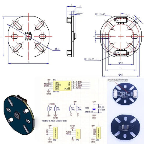 Technical diagram and components layout of High Torque Low Speed Hollow Shaft BLDC Motor With External Rotor And MT6701 AS5600 Encoder.