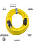 Heavy Duty 50 Foot Outdoor Extension Cord 12 Gauge 3 Conductor SJTW Yellow Water and Weather Resistant Flame Retardant Cord