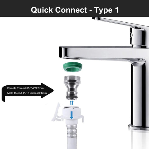 Universal Twin Tub Washing Machine Hose Kit with quick connect, 6.56 ft PVC, faucet adapters shown, installation detail