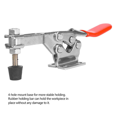 Quick Release Horizontal Toggle Clamp Rock Solid Push Pull Lever Clamp For Woodworking Jigs And Fixtures Welding And Drill Press Setup Rustproof 304 Stainless Steel Construction With Gentle Yet Secure Hold For Precision Work, featuring 4-hole base and rubber grip.