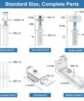 Door Hardware Repair Kit 2 Pack For Bifold Sliding Closet Pocket And Barn Doors With Top And Bottom Brackets Three Eighths Inch Pivot And Seven Eighths To One Inch Guide Wheels Fits Common Track, showing size and components.