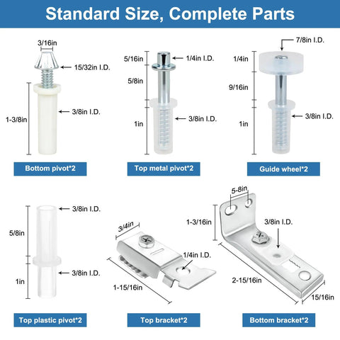 Door Hardware Repair Kit 2 Pack For Bifold Sliding Closet Pocket And Barn Doors With Top And Bottom Brackets Three Eighths Inch Pivot And Seven Eighths To One Inch Guide Wheels Fits Common Track, showing size and components.