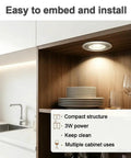 2 PCS Range Hood LED Recessed Light, 12V DC 3W 6000K Kitchen Downlight installed in a cabinet illuminating plates and glasses.