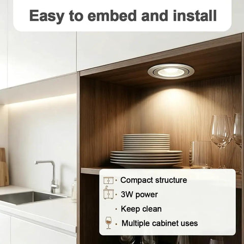 2 PCS Range Hood LED Recessed Light, 12V DC 3W 6000K Kitchen Downlight installed in a cabinet illuminating plates and glasses.