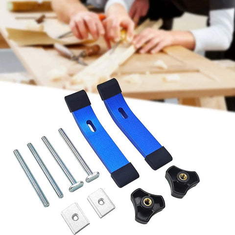 Solid Blue Aluminum T Track Hold Down Clamps For CNC Routers And Drill Presses on a woodworking table with tools.