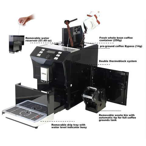 Level Up Your Coffee Game With This Fully Automatic Espresso Machine Built In Grinder And Milk Frother 15 Bar Pressure Coffee Maker open view showing removable parts and features.