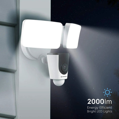 Wireless Floodlight Security Camera With Motion Alerts 1080p HD Night Vision Two Way Audio Remote Access mounted on wall