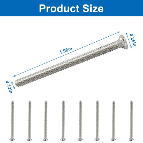 Built Like A Tank Cross Outlet Screws 6-32 X 2 Inch 304 Stainless Steel 30 Pack showing size dimensions and design details.