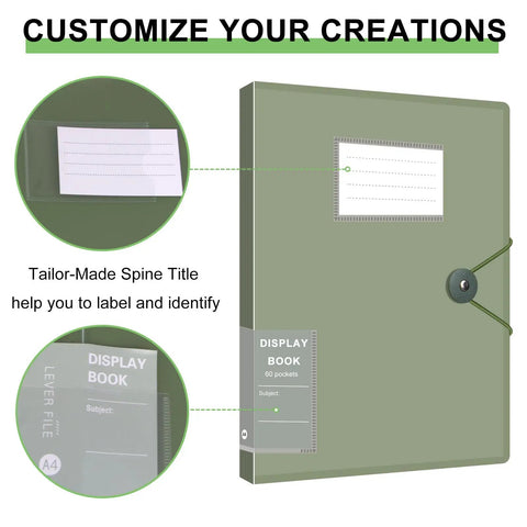 Rugged Binder With Clear Sleeves And 60 Sheet Protectors, Holds 120 Pages, Boss Level Presentation Book For Artwork, Sheet Music, And Documents, Green, featuring customizable labels.