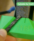 Rock Solid Drill Bit Sharpening Jig Kit Three Piece 3D Printed Bench Grinder Guide showing 118 degree sharpening angle for dull bits.