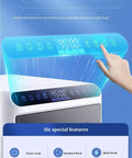 Sensitive touch panel of compact portable mini countertop dishwasher for easy operation in small kitchens and apartment living.