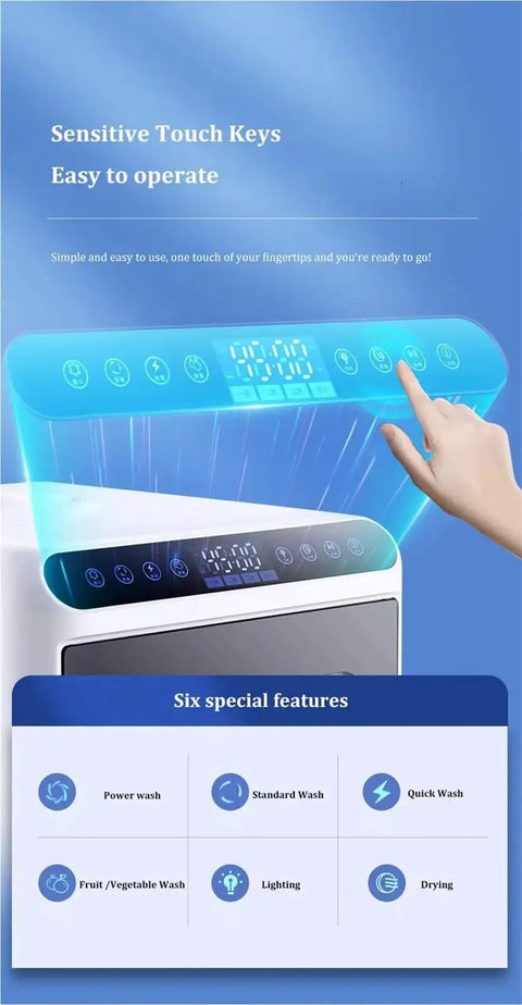 Sensitive touch panel of compact portable mini countertop dishwasher for easy operation in small kitchens and apartment living.