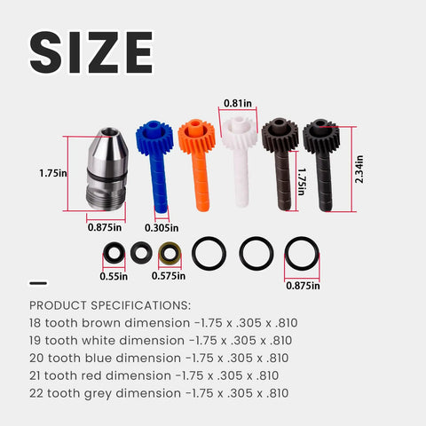 Speedometer Driven Gear And Bullet Kit For Muncie GM T10 with five colored gears, bullet, O-rings, and inner seals, dimensions shown