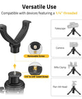 Beefy Shooting Rest Tripod with 360° V Yoke, showing versatile use with 1/4" threaded removable screw for various devices.